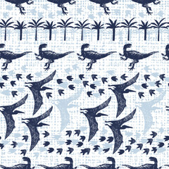 Vector white canvas dinosaur sketch repeat pattern with flying dinos, foot prints and trees. Perfect for textile, giftwrap and wallpaper.