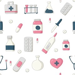Pattern of medical tools objects on white background.