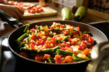 Frying-pan with fresh vegetables chopped for stew on electric stove by kitchen table where female cutting tomatoes