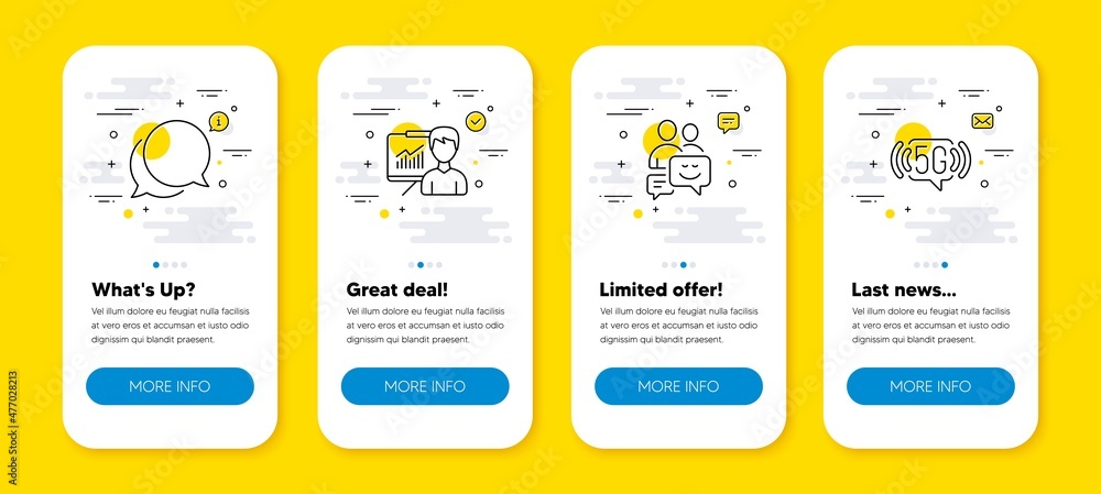 Poster vector set of communication, presentation and chat message line icons set. ui phone app screens with