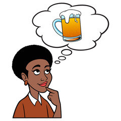 Black Woman thinking about Beer - A cartoon illustration of a Black Woman thinking about a mug of Beer. 