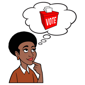 Black Woman Thinking About A Ballot Box - A Cartoon Illustration Of A Black Woman Thinking About Voting At The Ballot Box.