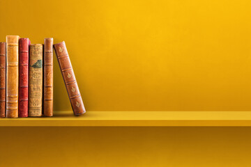 Row of old books on yellow shelf. Horizontal background - Powered by Adobe