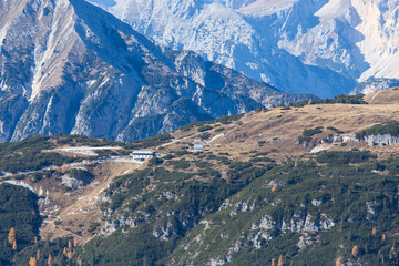 Panorama view of former world war I battlefield Monte Piana in the Dolomites in Italy