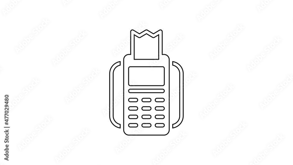 Poster black line pos terminal with inserted credit card and printed reciept icon isolated on white backgro