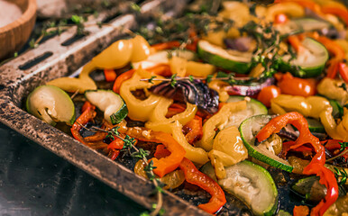 Fototapeta na wymiar Baked Sheet-Pan Vegetables Close up, Roasted Sheet Pan Vegetables 