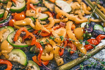 Baked Sheet-Pan Vegetables Close up,  Roasted Sheet Pan Vegetables 