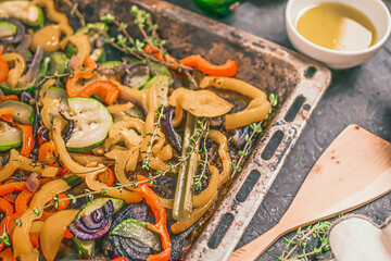 Baked Sheet Pan Vegetables Close up,  Roasted Sheet Pan Vegetables 