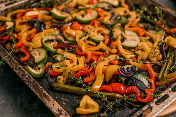 Baked Sheet Pan Vegetables Close up,  Roasted Sheet Pan Vegetables 