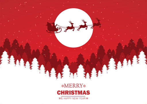 santa claus flying with reindeers in winter landscape with pine trees on red background. merry christmas and happy new year concept. vector illustration in flat design.