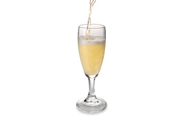 Champagne or sparkling wine pour into glass with splashing  isolated on white, copy space