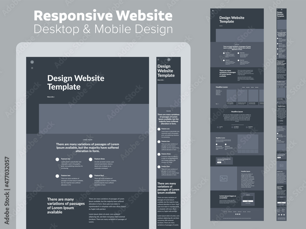 Poster website design dark mode. responsive desktop and mobile wireframe. landing page template.