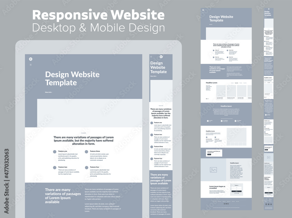 Aufkleber website design. responsive desktop and mobile wireframe. landing page template.