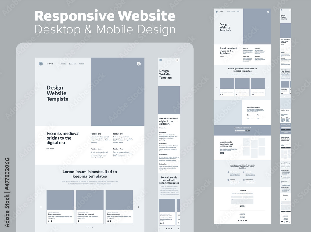Poster website design. responsive desktop and mobile wireframe. landing page template.