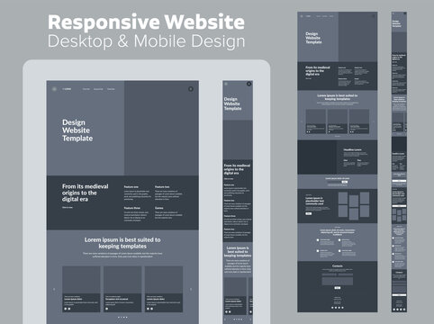 Website design dark mode. Responsive desktop and mobile wireframe. Landing page template.