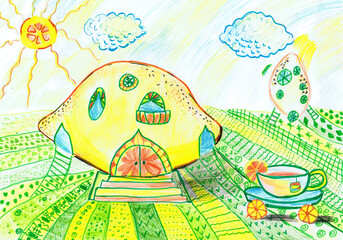 Naklejka premium A lemon house in a fabulous country. Children's drawing