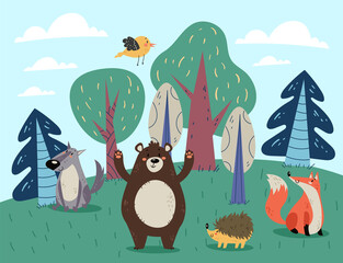 Fototapety  Forest animal bear fox woolf hedgehog wood tree concept. Vector flat graphic design cartoon illustration 