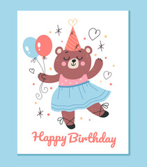 Happy birthday animal princess bear invitation greeting card concept. Vector flat graphic design cartoon illustration