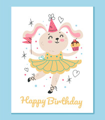 Happy birthday animal princess bunny invitation greeting card concept. Vector flat graphic design cartoon illustration