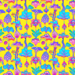 Fototapeta na wymiar Floral colorful seamless pattern, retro 60s, 70s hippie style background. Vintage psychedelic textile, fabric, wrapping, wallpaper. Vector repeating illustration.