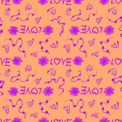 Obraz premium Seamless pattern for Valentine's Day, hand-drawn, textured brush, on an orange background.