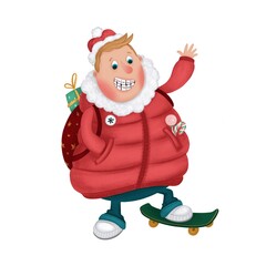 The character is a guy with braces on a skateboard