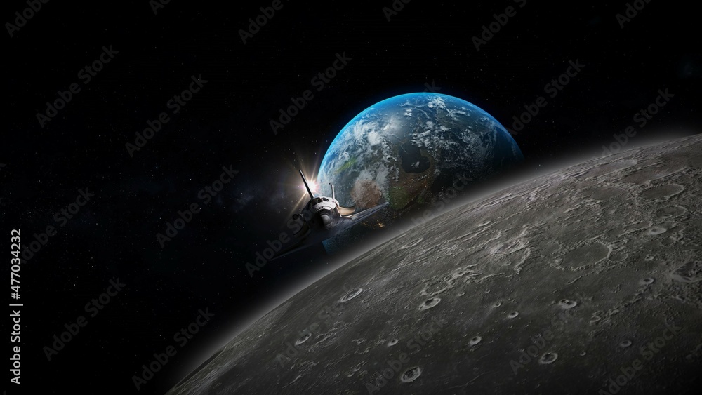 Wall mural spring equinox .pluto return , space shuttle in space with moon and earth in the background 3d illus