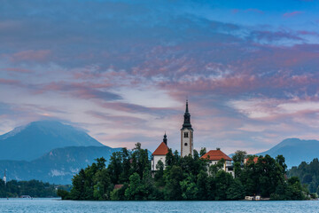 Romantic Bled Lake with Church on Island in Slovenia at Sunset
