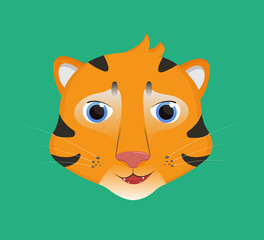 Cute baby tiger face portrait icon. Symbol of Chinese New Year 2022 in cartoon flat style. Vector illustration isolated on blue background