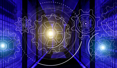 3D render digital control and computing system in data center, HUD hologram on top of data center supercomputers