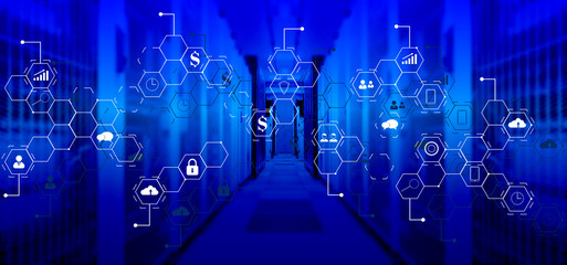 3D render ERP Enterprise Resource Planning system on virtual screen with connections between...