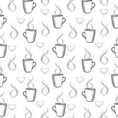 Monochrome pattern, cups with a hot drink, Delicate seamless pattern on a white background