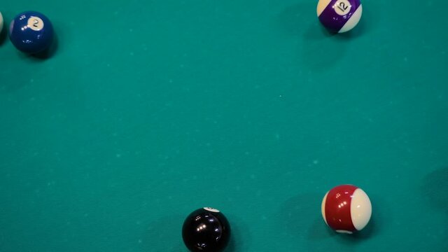 Top view: breaking racked colorful pool balls on teal billiard table - close up. Sport, game, competition, hobby and leisure time concept
