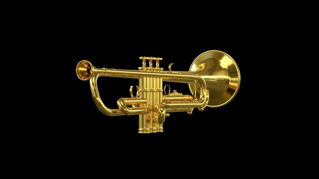 Golden trumpet rotating on an alpha channel background in a seamless loop.