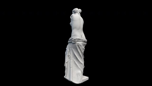 A vertical clip of the statue of Venus de Milo slowly rotating on a transparent alpha channel background in a seamless loop.