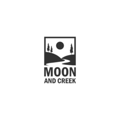 Creeks and moon view logo designs with evergreen/ fir/pine trees.