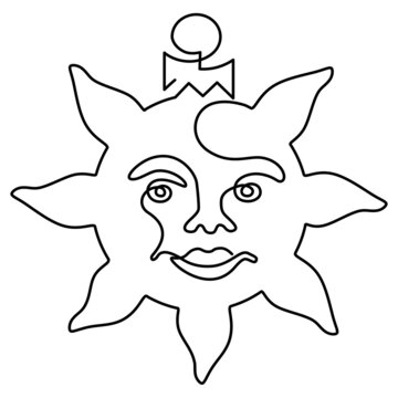 Sun with a human face. Christmas decoration for the tree. Continuous line drawing illustration.