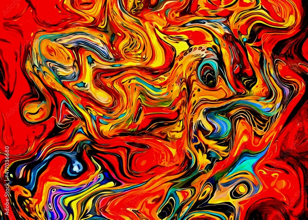 Poster abstract psychedelic background colored fractal hotspots arranged circles and spirals of different s
