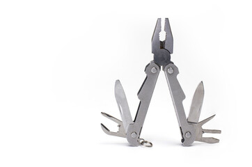 opened multitool pliers knife isolated white background