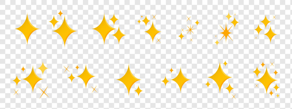Set of sparkles star icons.Emogi  star icon.Bright firework.Light icon set.Flash,shine sparkle icon,glare,blink star.Yellow,golden stars isolated on transparent background.
