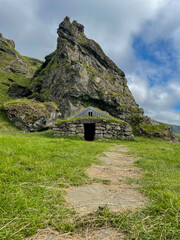 Beautiful view of the Rutshellir Caves, the ancient habitations in the rock also call Cave of Rútur, in Iceland 