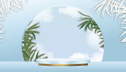 Studio room backdrop with Podium showcase display on blue sky, cloud and paper cut palm leaves on wall,Vector  3D Stage pedestal for Product presentation beauty products for Spring, Summer background