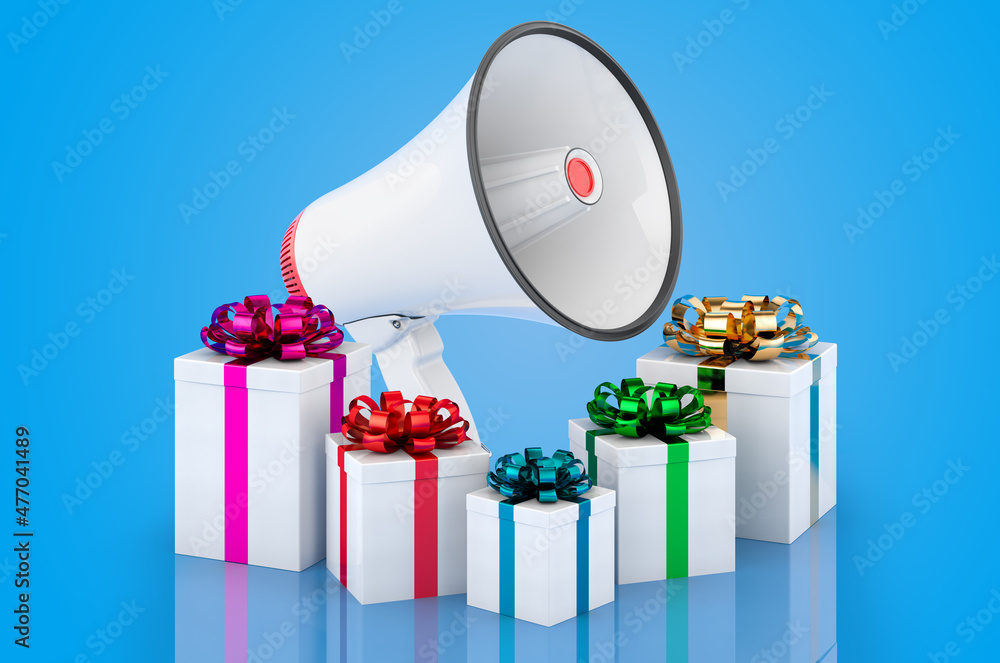 Poster presents with megaphone, 3d rendering