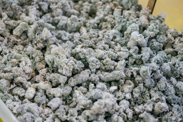 Close up top view: plastic recycling, renewable resource - heap of secondary soft plastic granules - polystyrene, polyethylene, polypropylene pellets at exhibition, trade show