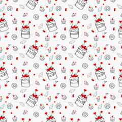 Seamless background. Shown are cakes, muffins, donuts, pastries.