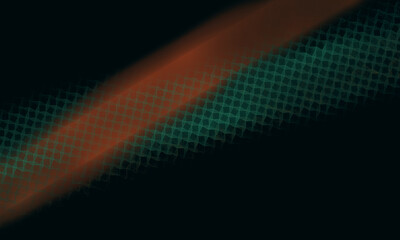 Two stripes mutual penetration in dark space. Stripes of different texture and color of orange and green turquoise. Stereo sound artistic 3d representation, audio system abstract concept. 
