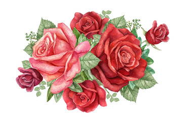 Watercolor dark red rose branch, burgundy rose flower border, wedding arragement, bridal shower element,Vintage realistic botanical  rose - obrazy, fototapety, plakaty