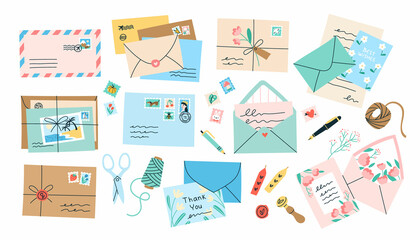 Set of various envelopes, letters, stamps and postal stationery. Vector illustration of mail items such as kraft paper envelopes, letter stack, postcards. Hand drawn elements in flat cartoon style.