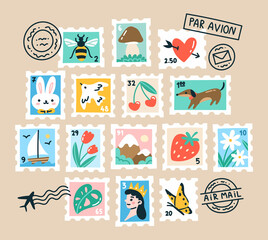 Set of vector postage stamps and postmarks depicting animals, berries, insects, flowers. Hand drawn mail markings in cartoon style.