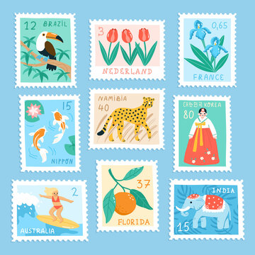 Set of postage stamps of various countries of the world. Hand drawn vector stamps depicting symbols of Japan, Australia, Netherland, etc. Cute cartoon style.